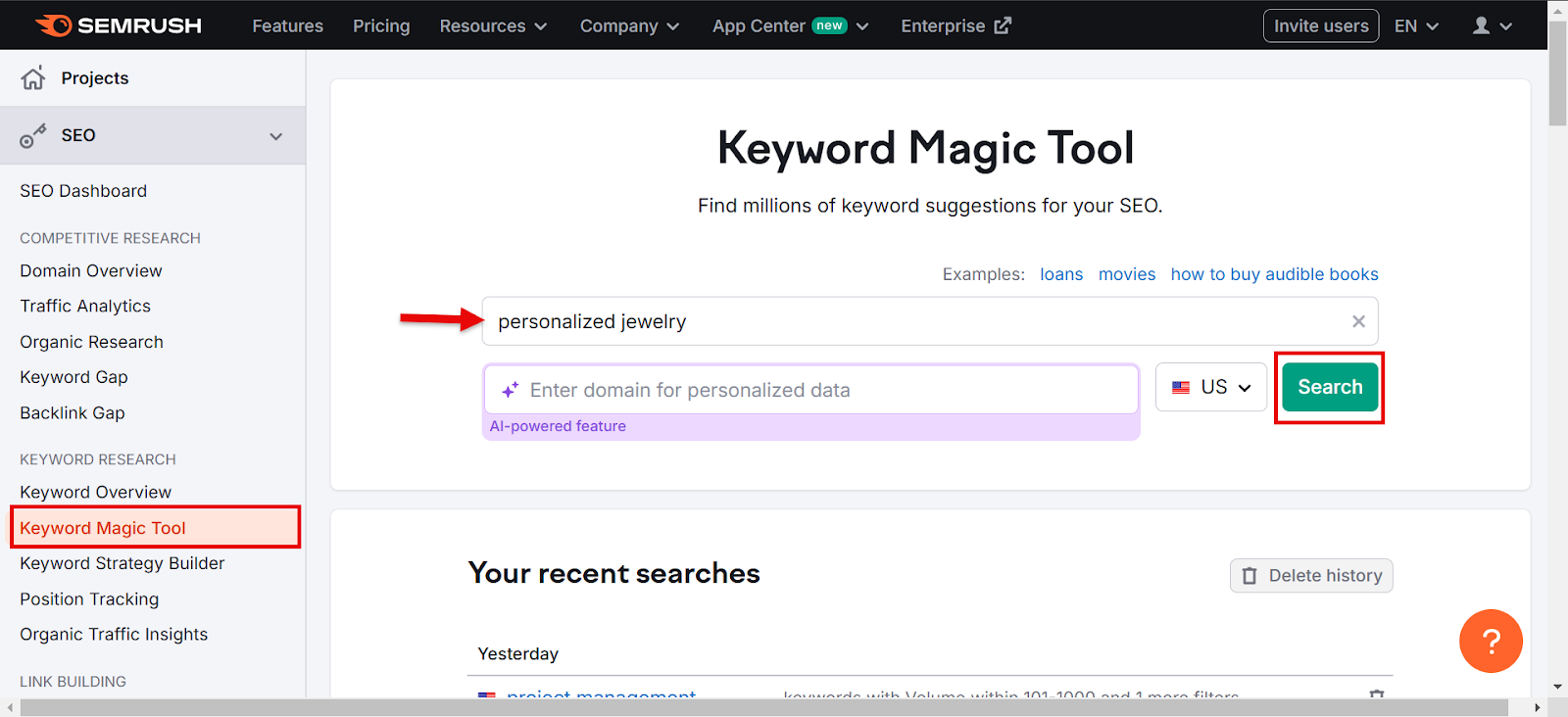 Semrush Keyword Magic Tool displaying search for personalized jewelry.