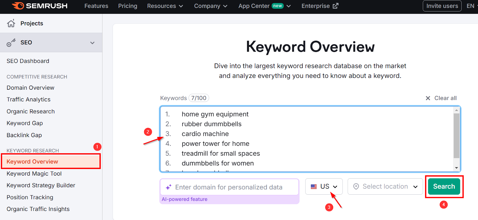 SEMrush keyword overview tool for fitness equipment research