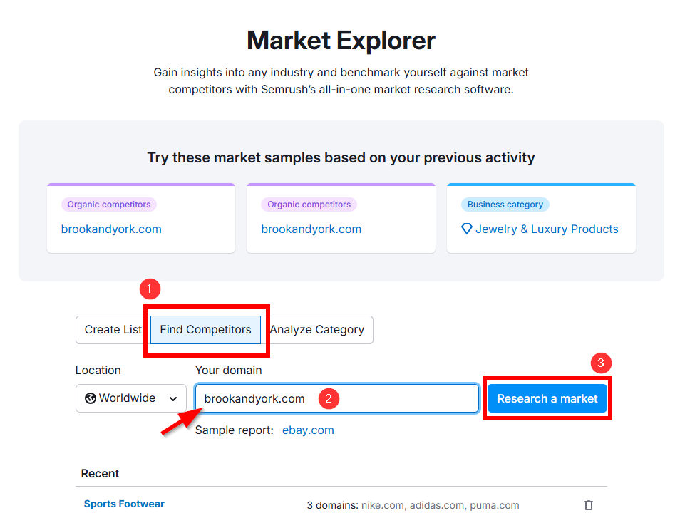 Dashboard view of Semrush's Market Explorer tool to find competitors.