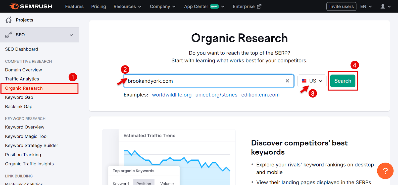 Screenshot of SEMrush Organic Research tool with domain input and search options.