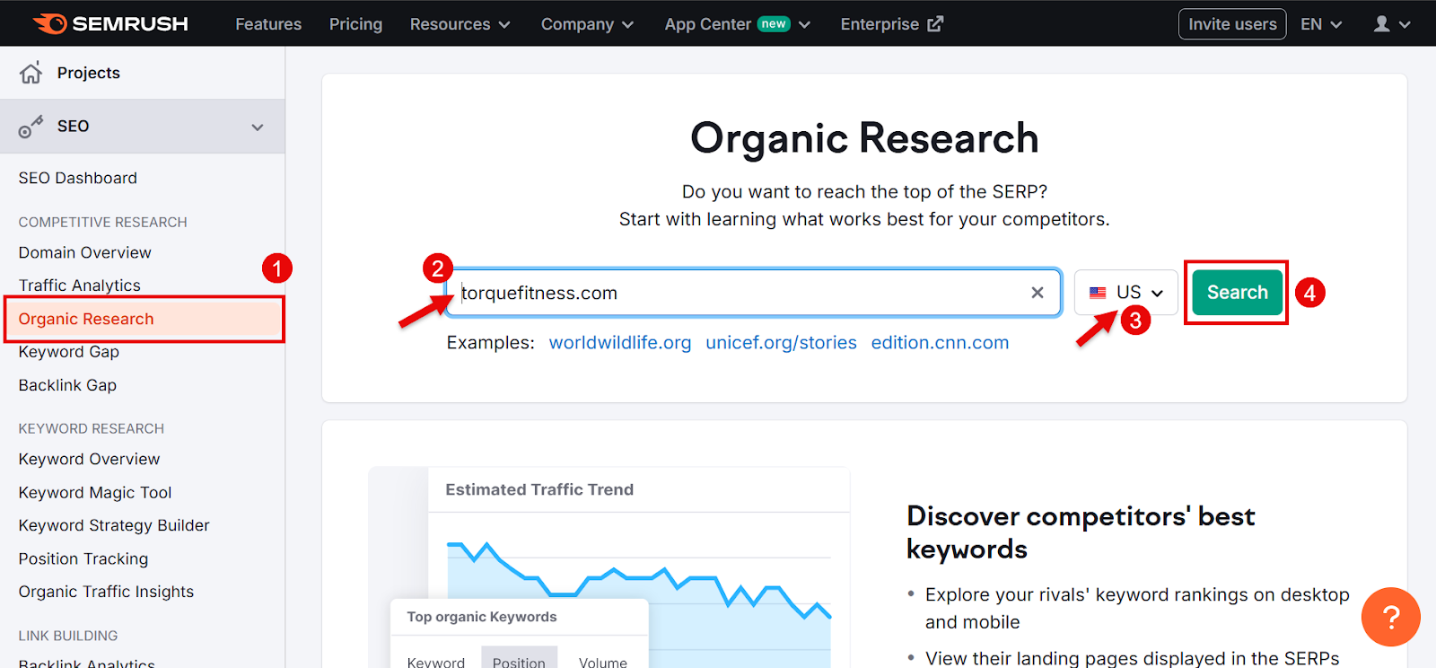 User interface of SEMrush's Organic Research tool for SEO analysis.