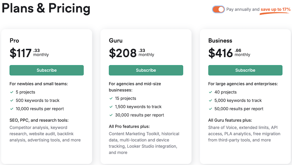 Comparative pricing plans: Pro, Guru, and Business with features and monthly costs.