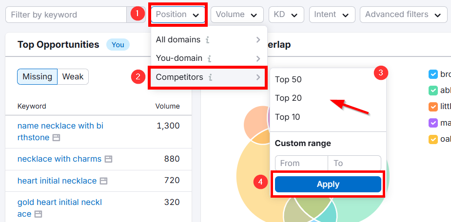 SEO analysis tool showing top keyword opportunities and filters for competitors.