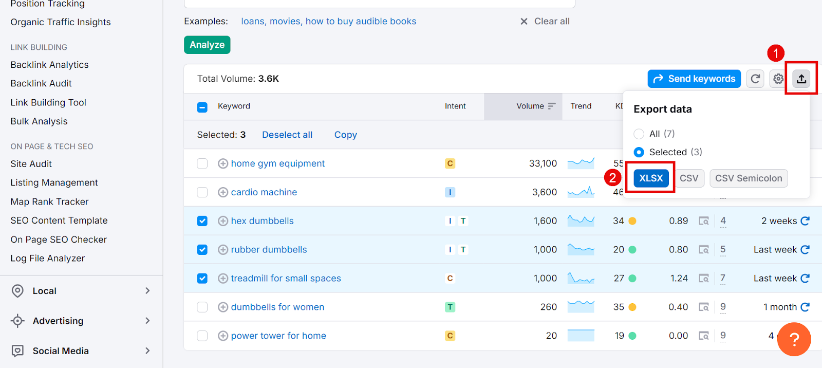 SEO tool interface showing keyword selection and export options.