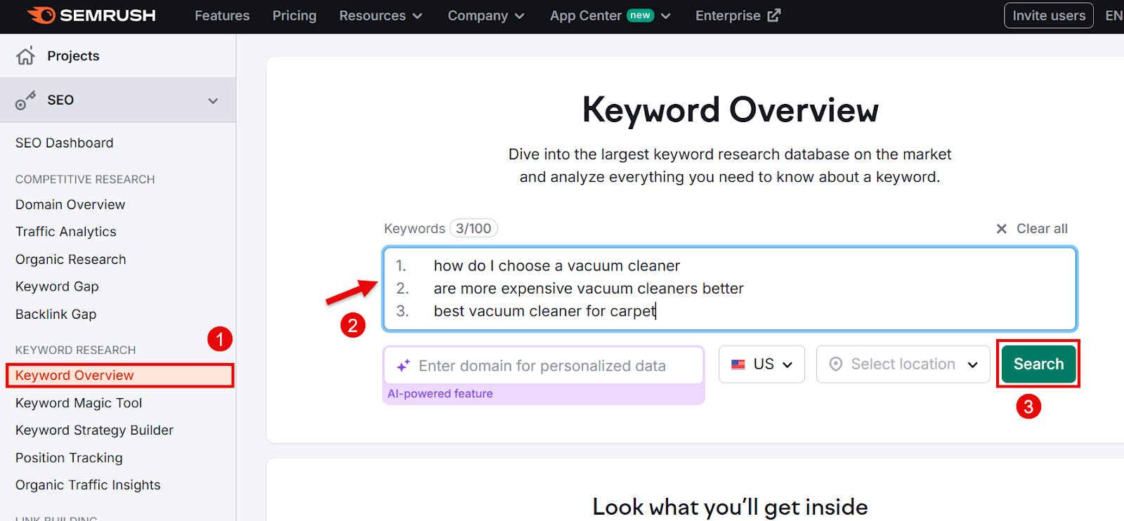 SEO Keyword Overview tool displaying top search queries.