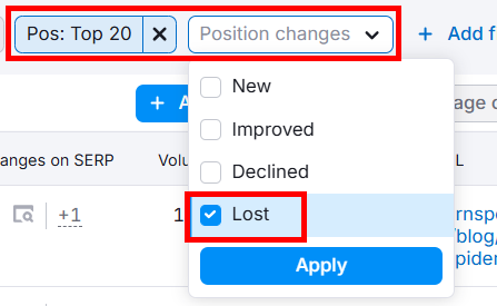 Screenshot of SEO tool showing position changes with 'Lost' filter applied