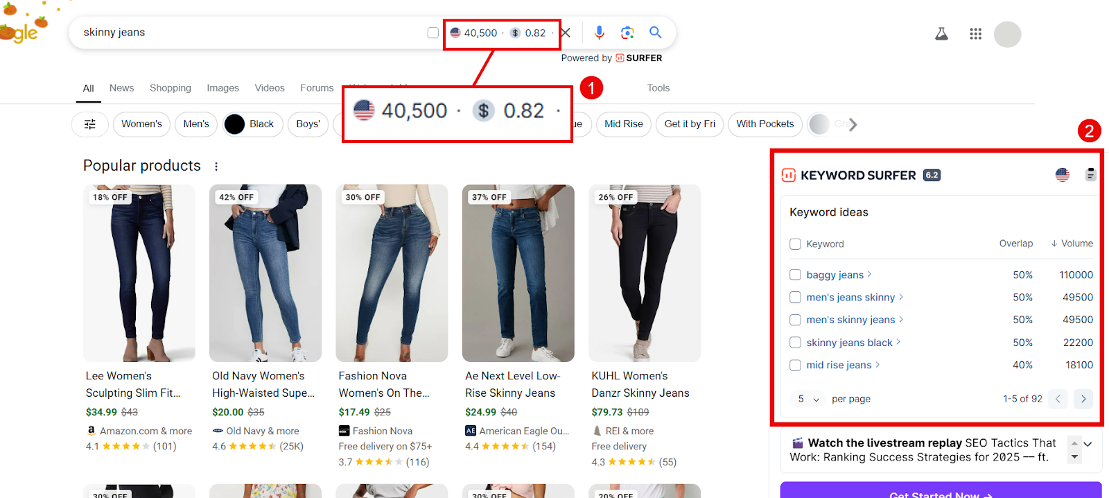 Keyword research for skinny jeans with popular product listings.