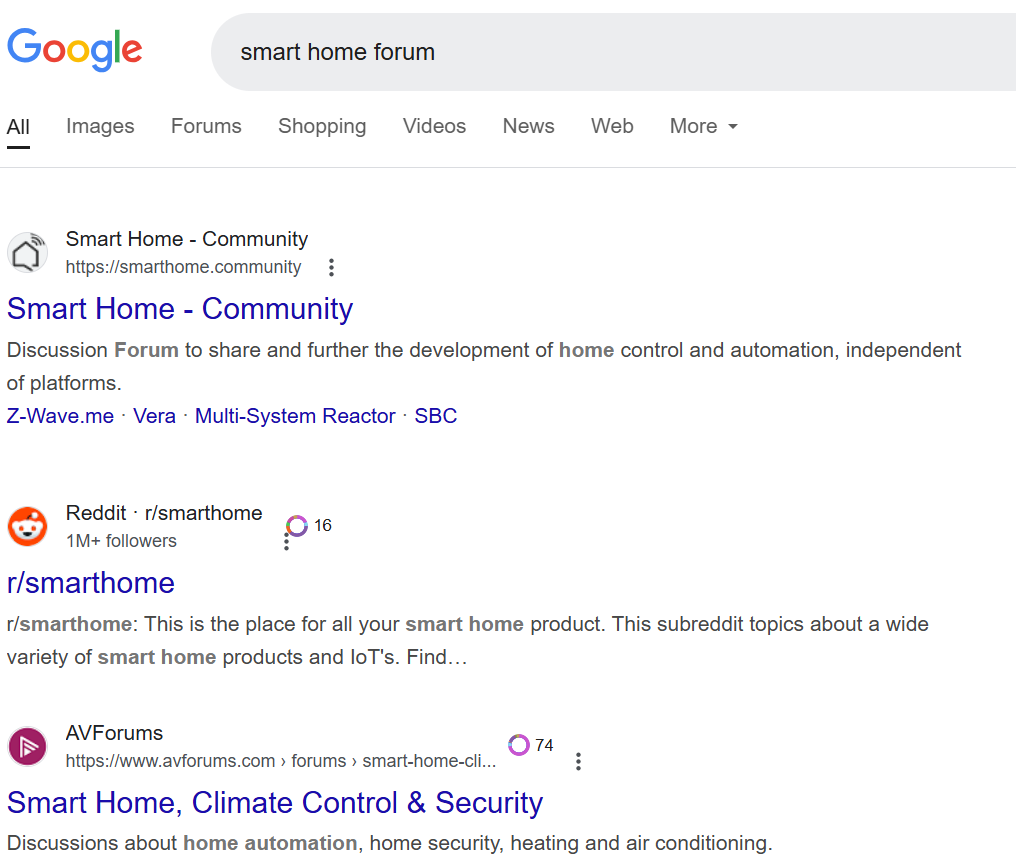 Search results for smart home forum including community discussions on automation.