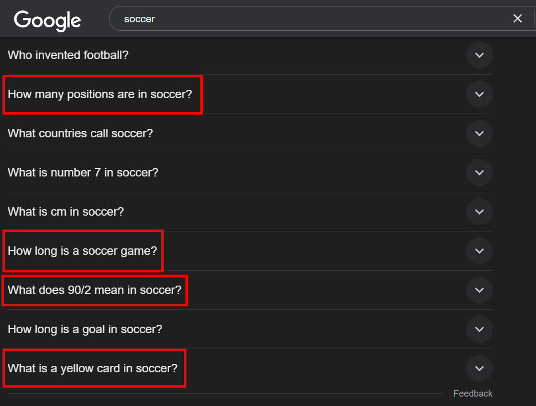 Google search results about soccer positions and rules