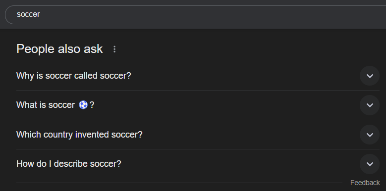 Search results for soccer with related questions displayed.