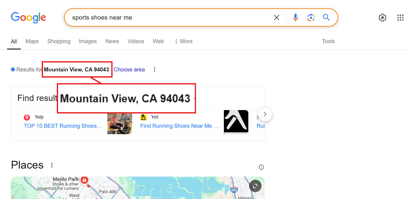 Search results for sports shoes near Mountain View, CA 94043 on Google.