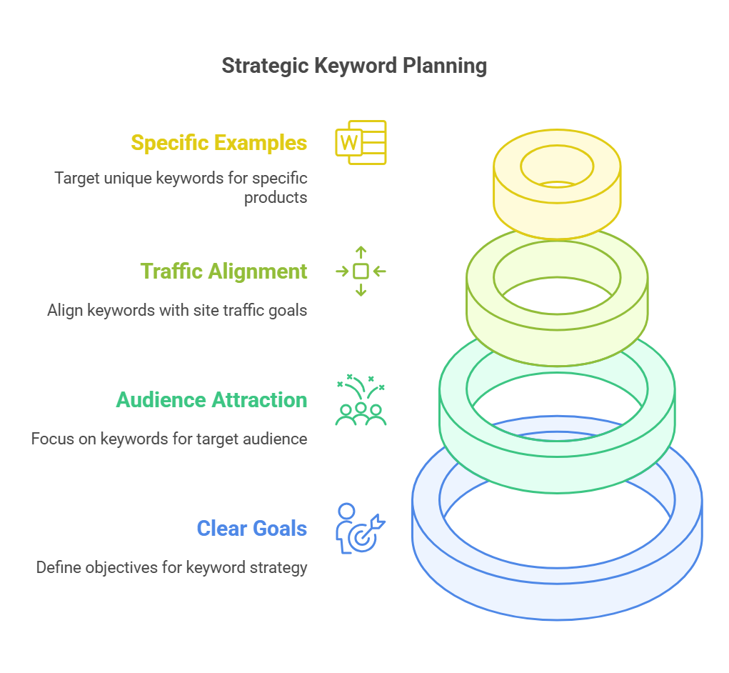 Infographic on strategic keyword planning with four key steps.