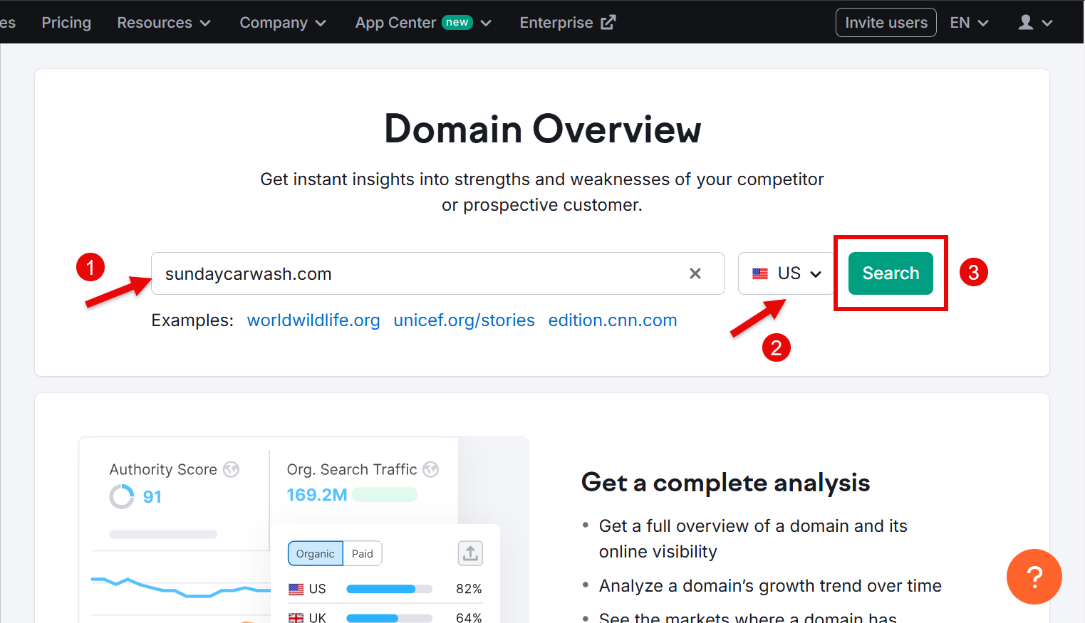 Overview of Sunday Car Wash domain analysis tool with search button.