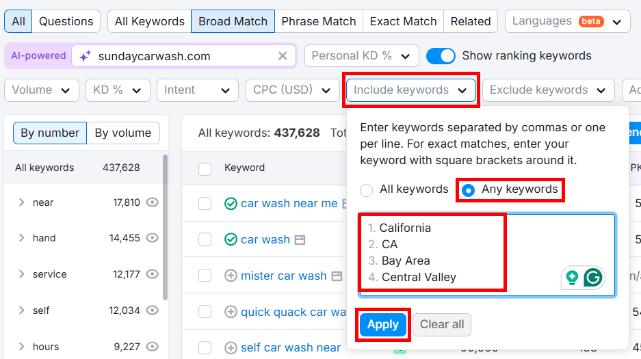 Keyword selection interface for Sunday Car Wash SEO analysis