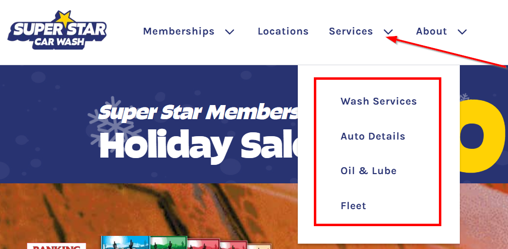 Super Star Car Wash holiday sale services menu including wash, details, oil, and fleet offerings.