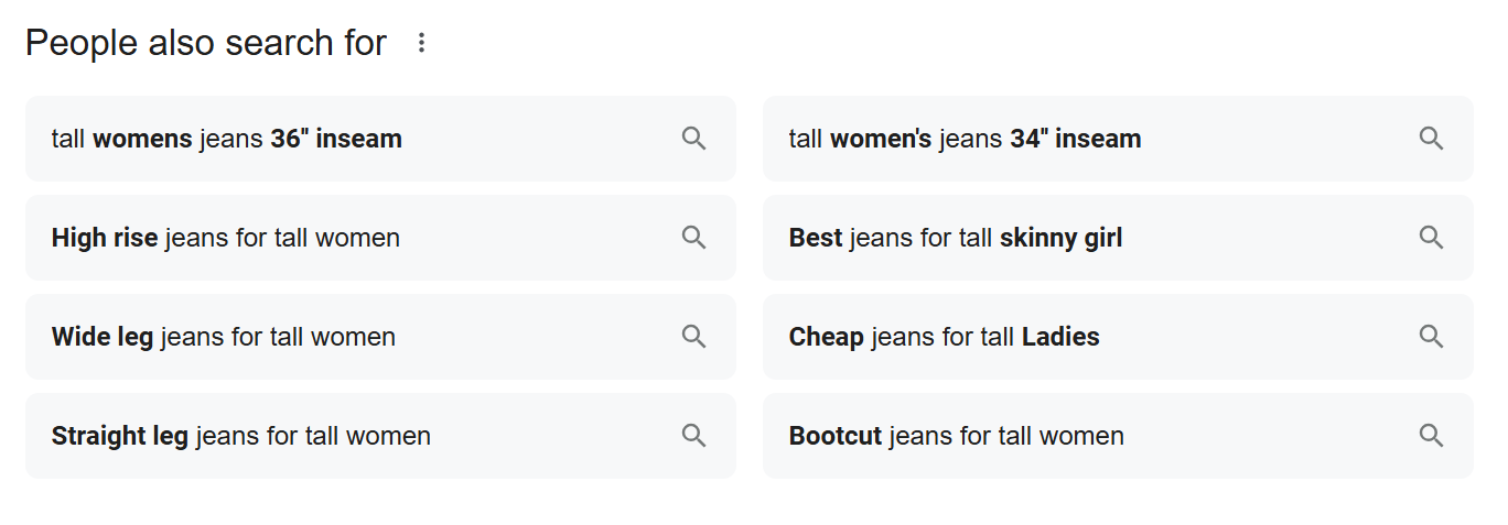 Search suggestions for tall women's jeans including inseam options.