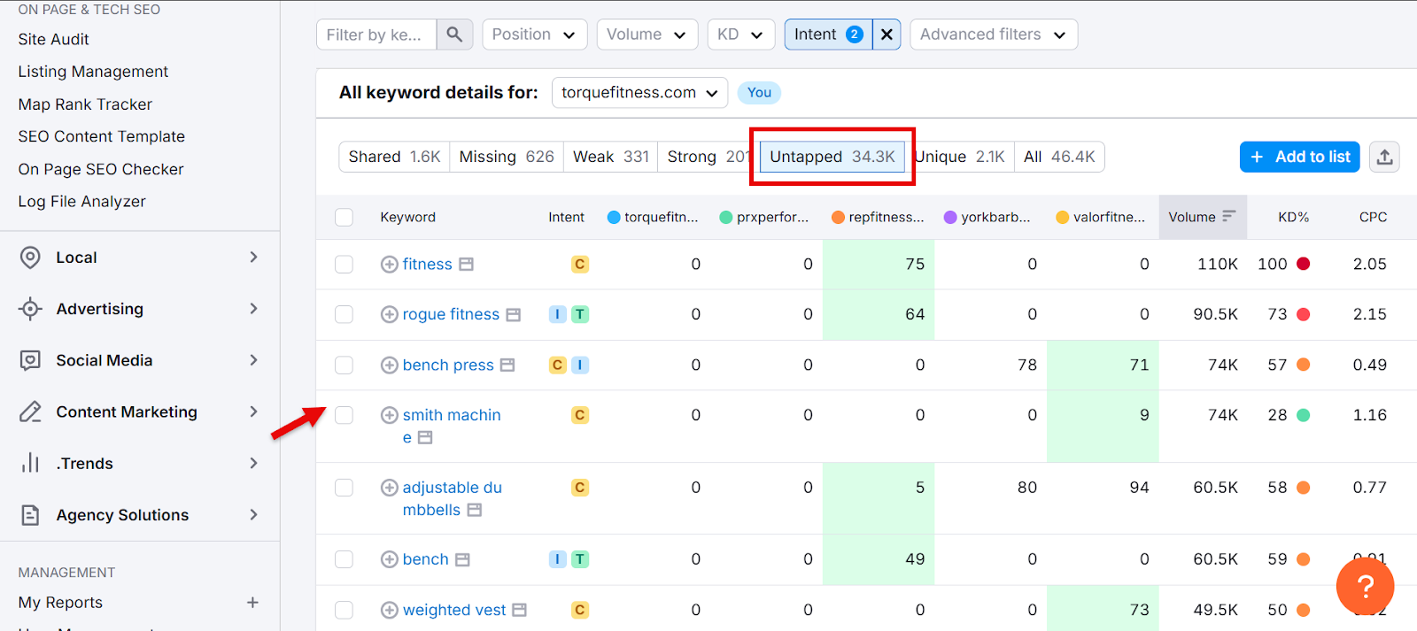 Keyword analysis dashboard for torquefitness.com with metrics and keyword details.