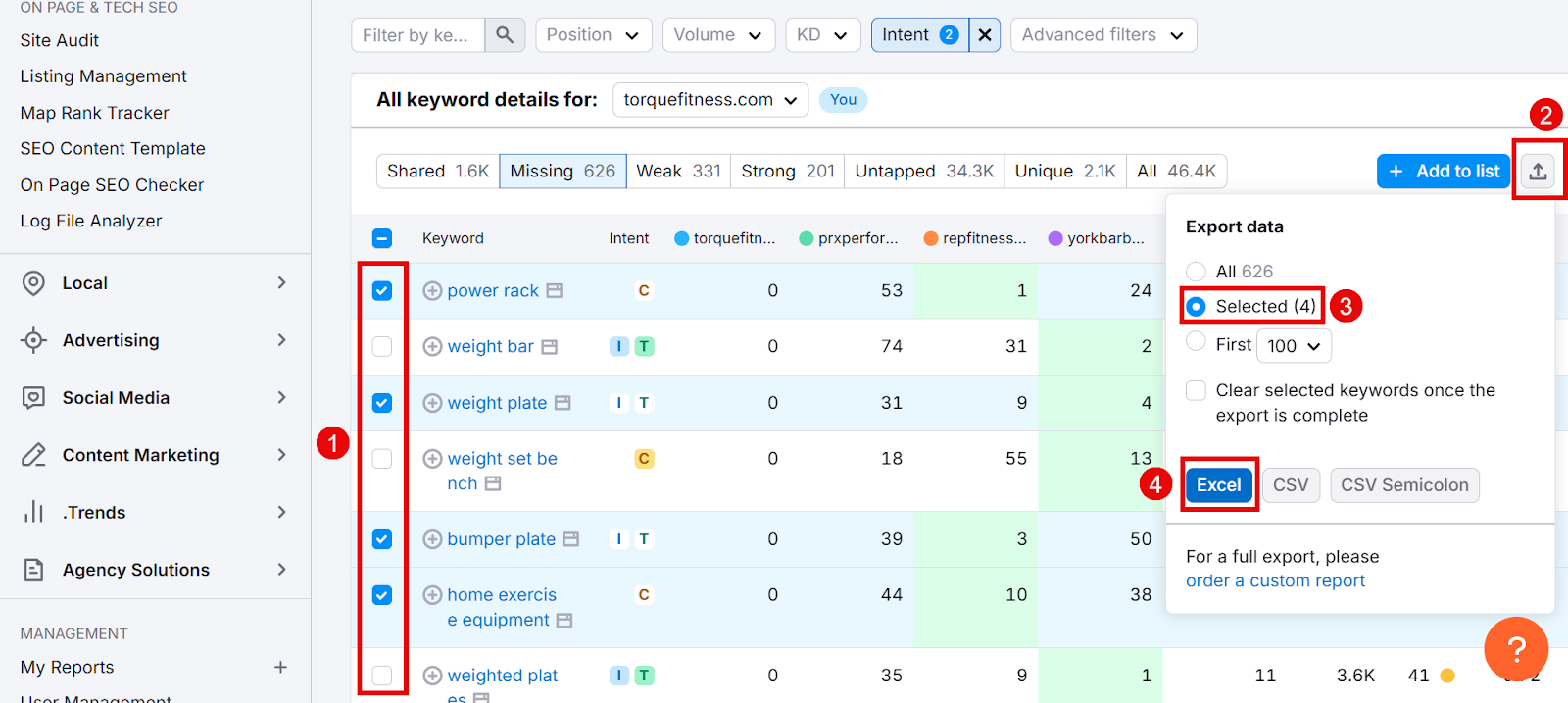 Keyword details for torquefitness.com showing export options and selected items.