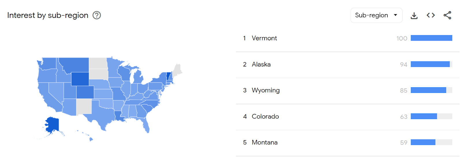 Map showing state interest by sub-region in the USA with rankings for Vermont, Alaska, and more.