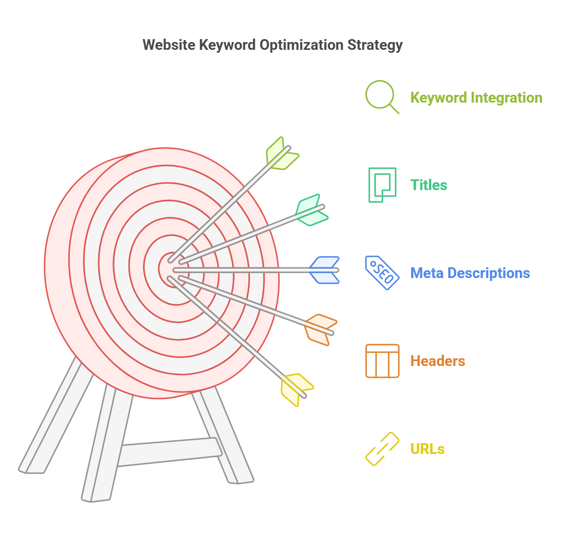 Visual strategy for website keyword optimization with target and key elements.