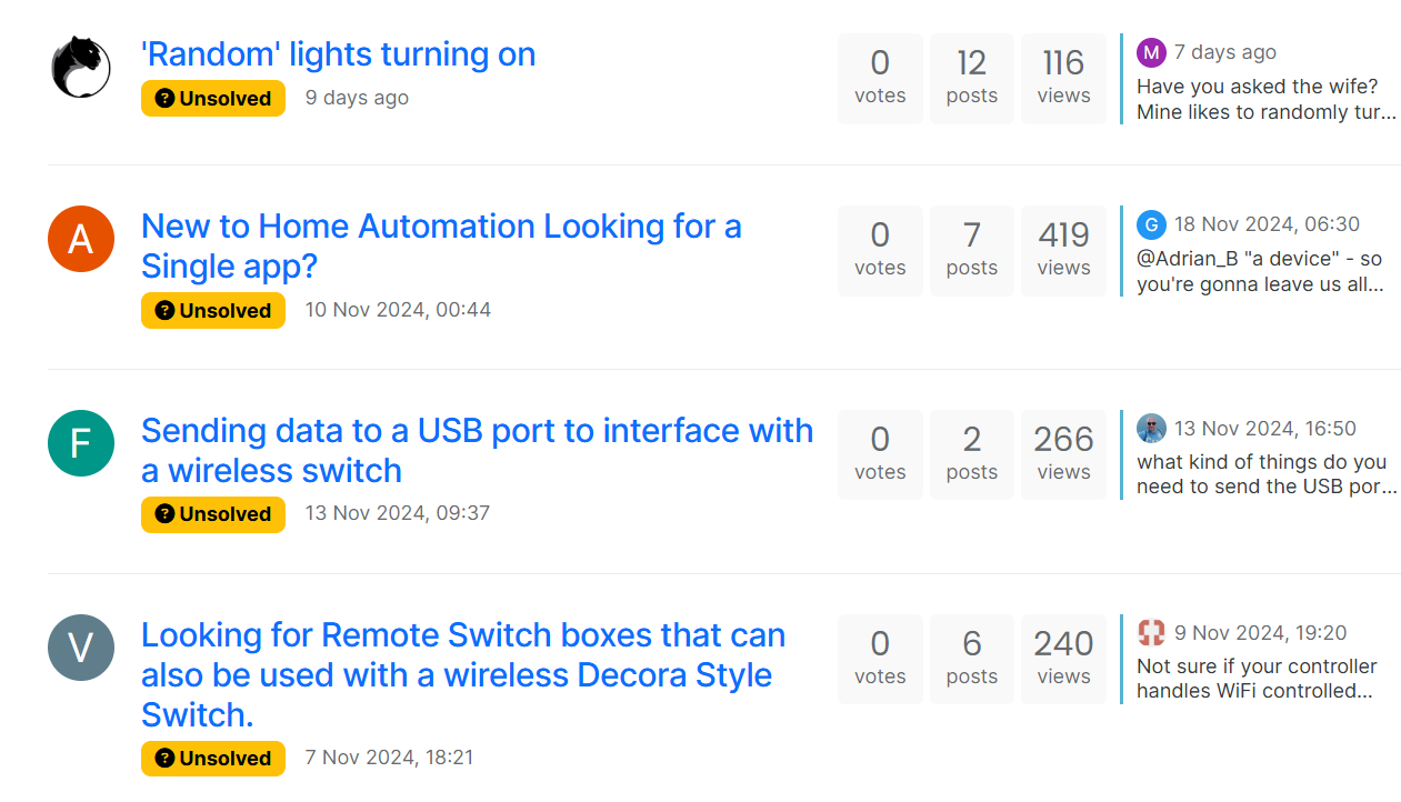 Discussion threads on troubleshooting wireless switches and home automation issues.