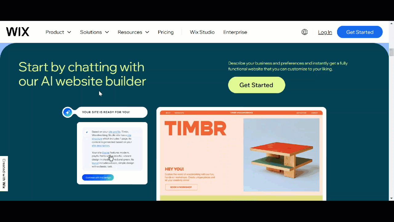 Wix AI website builder showcasing Timber woodworking site design.