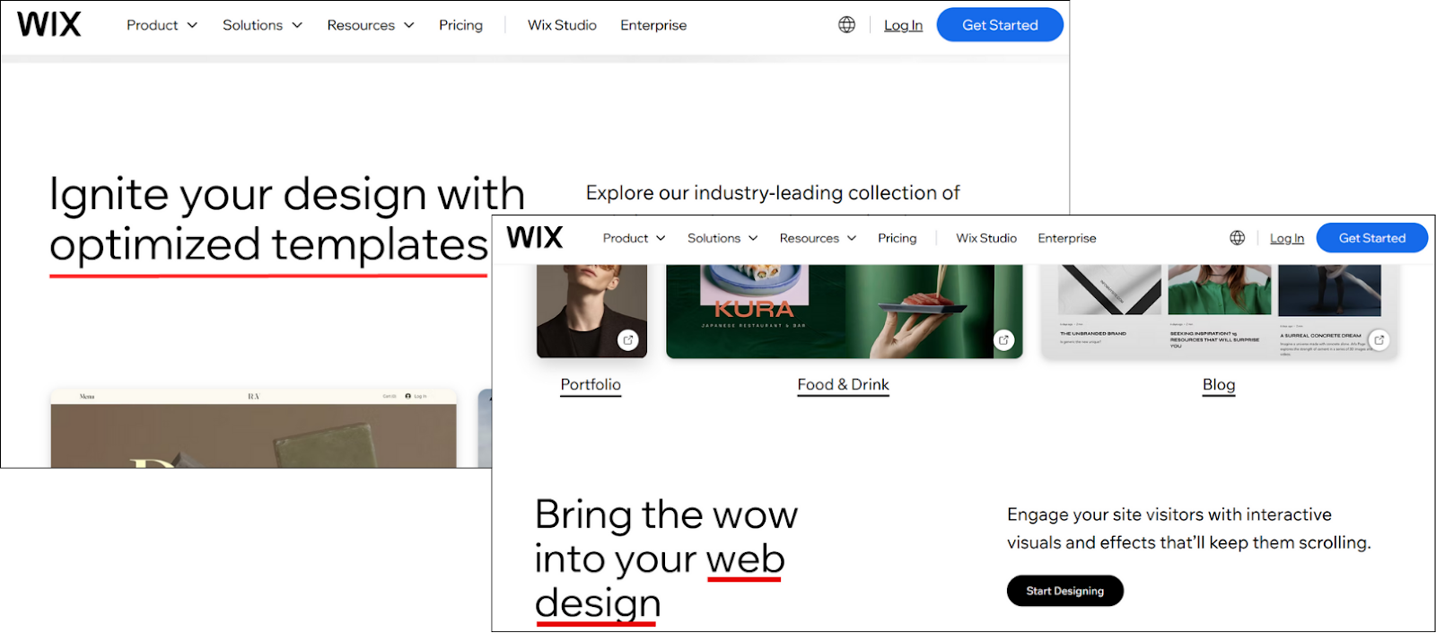 Wix website showcasing templates and web design features.