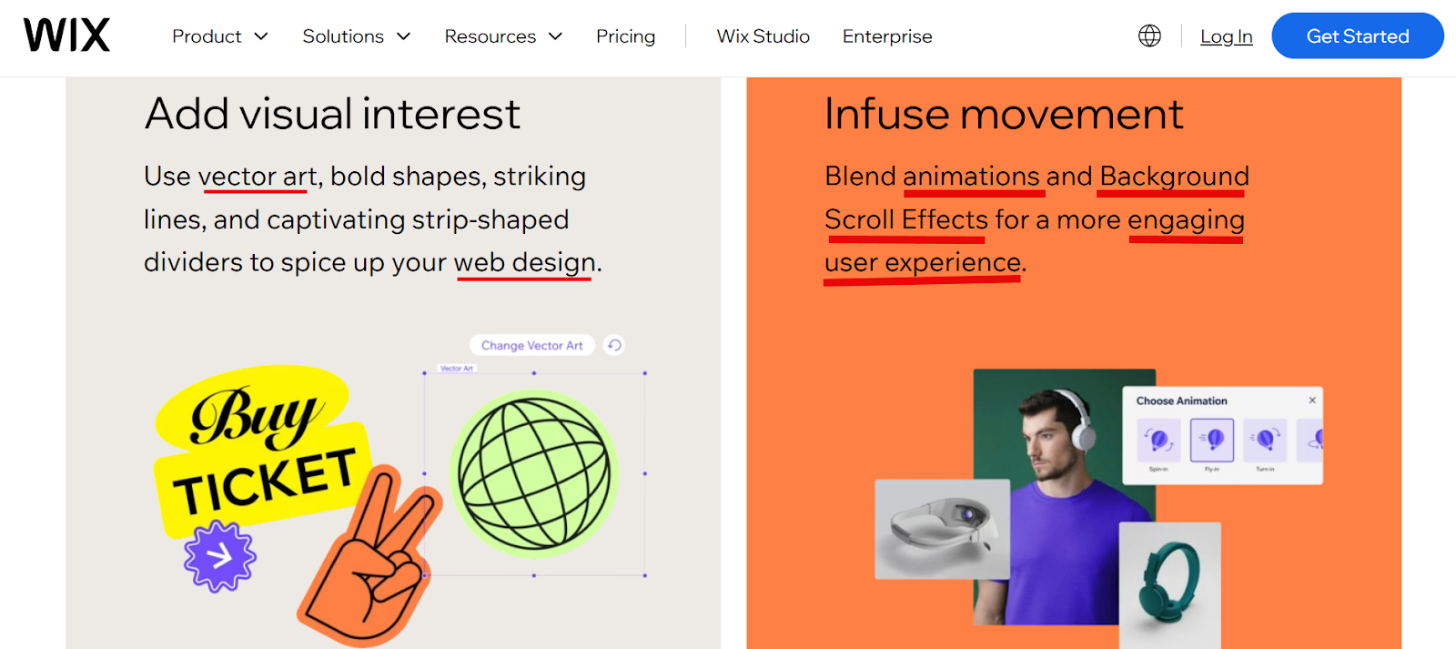 Wix webpage showcasing vector art and animations for engaging web design.