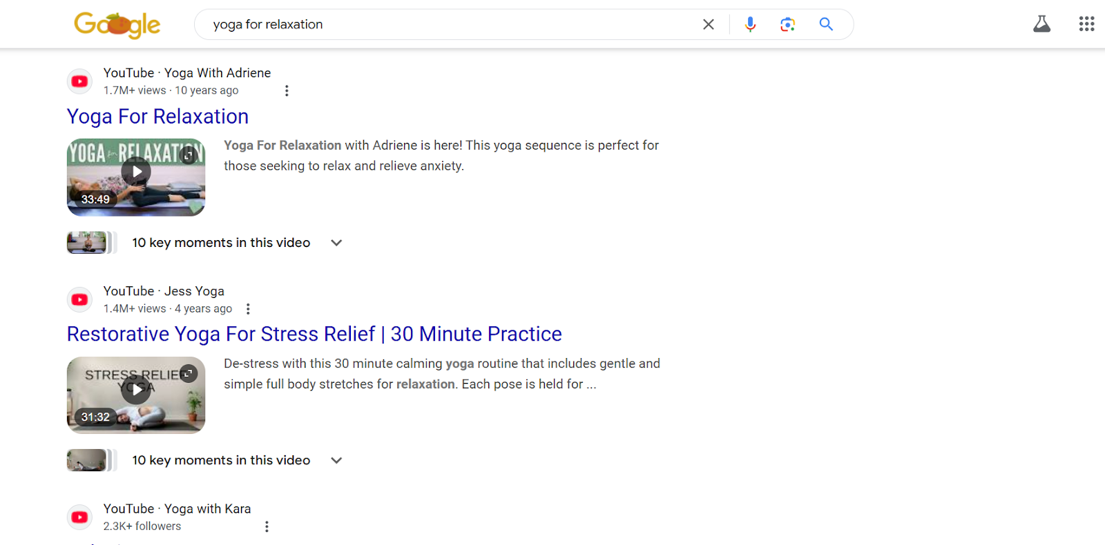 YouTube search results for yoga relaxation videos, featuring various instructors and session highlights.