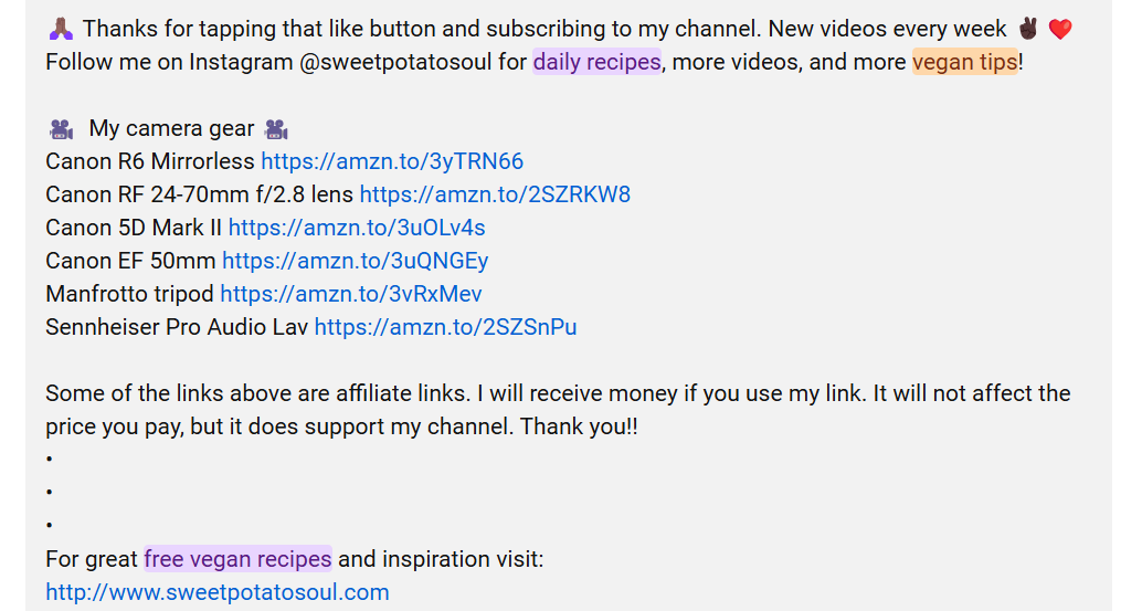 YouTube channel promotion for daily vegan recipes and camera gear details.