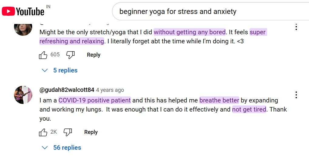 YouTube comments on yoga for stress relief and anxiety management.