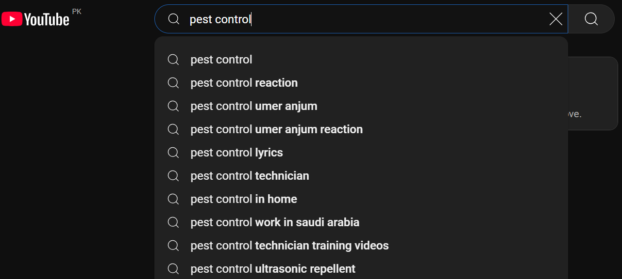 YouTube search suggestions for pest control topics.