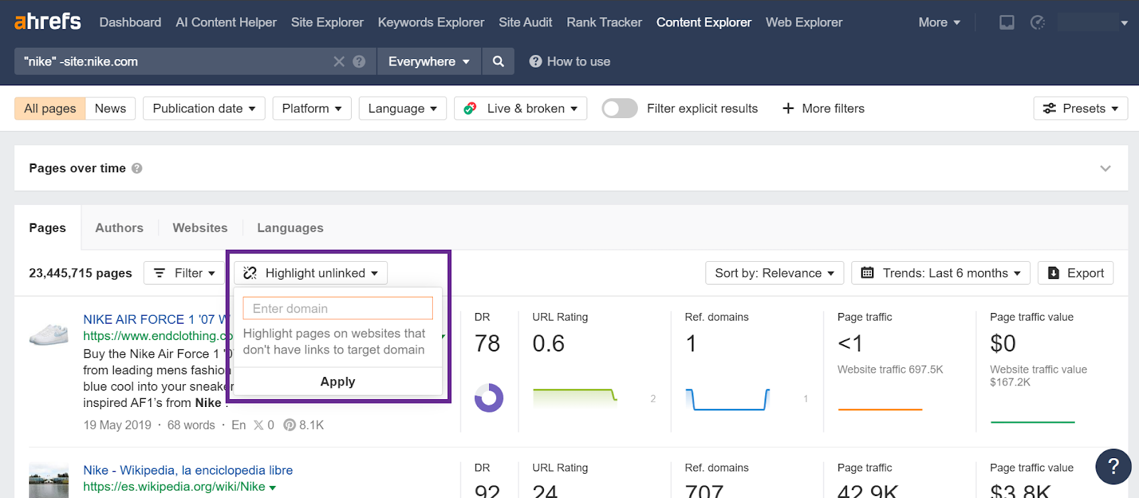 Ahrefs dashboard showing keyword search results and page metrics