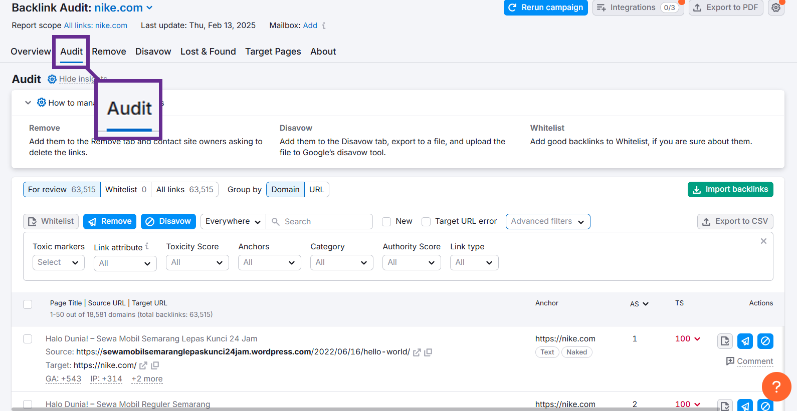 Screenshot of backlink audit interface for nike.com showing various auditing options.