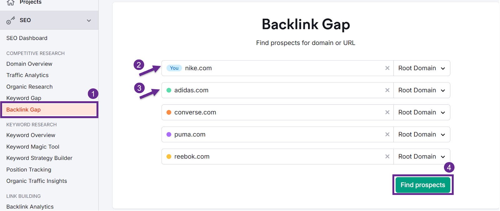 Backlink Gap tool interface for SEO competitive research