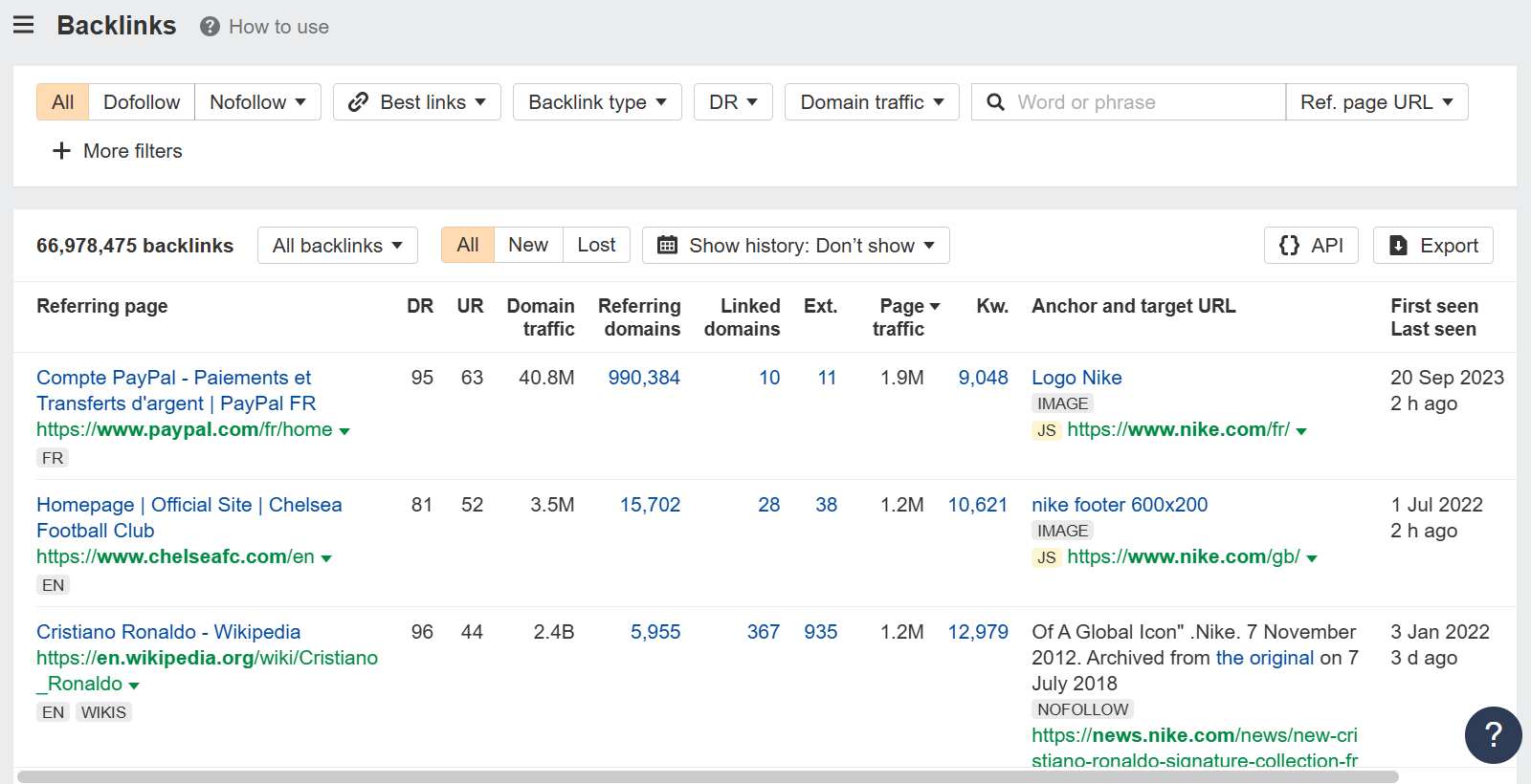Table displaying backlinks data including referring pages and traffic statistics