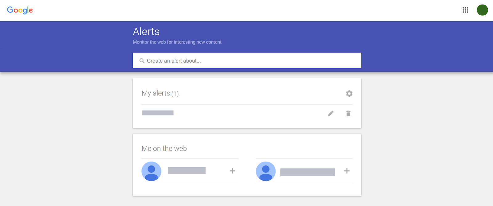 Google Alerts interface for monitoring web content updates.