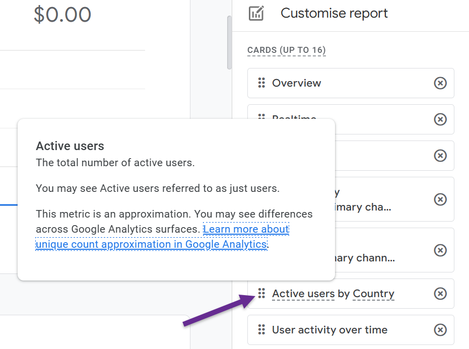 Active users metric in Google Analytics with detailed explanation.