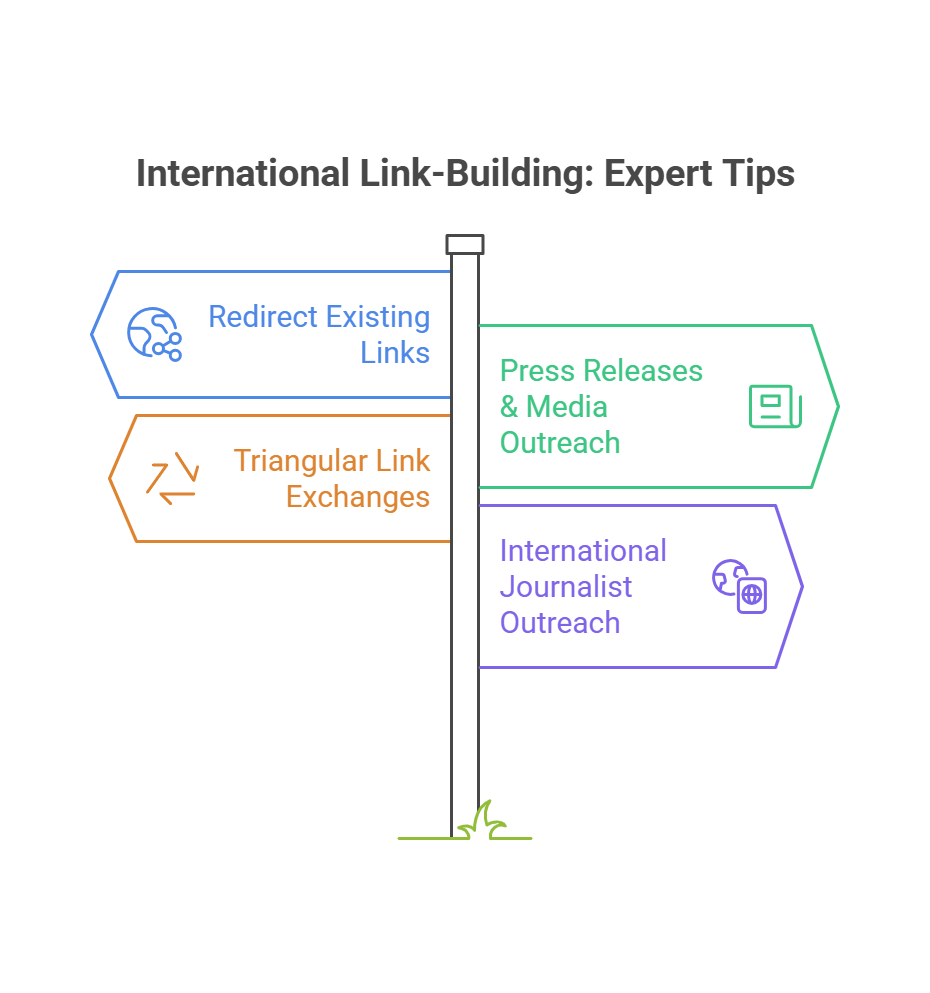 Expert tips for international link-building strategies displayed on a signpost.