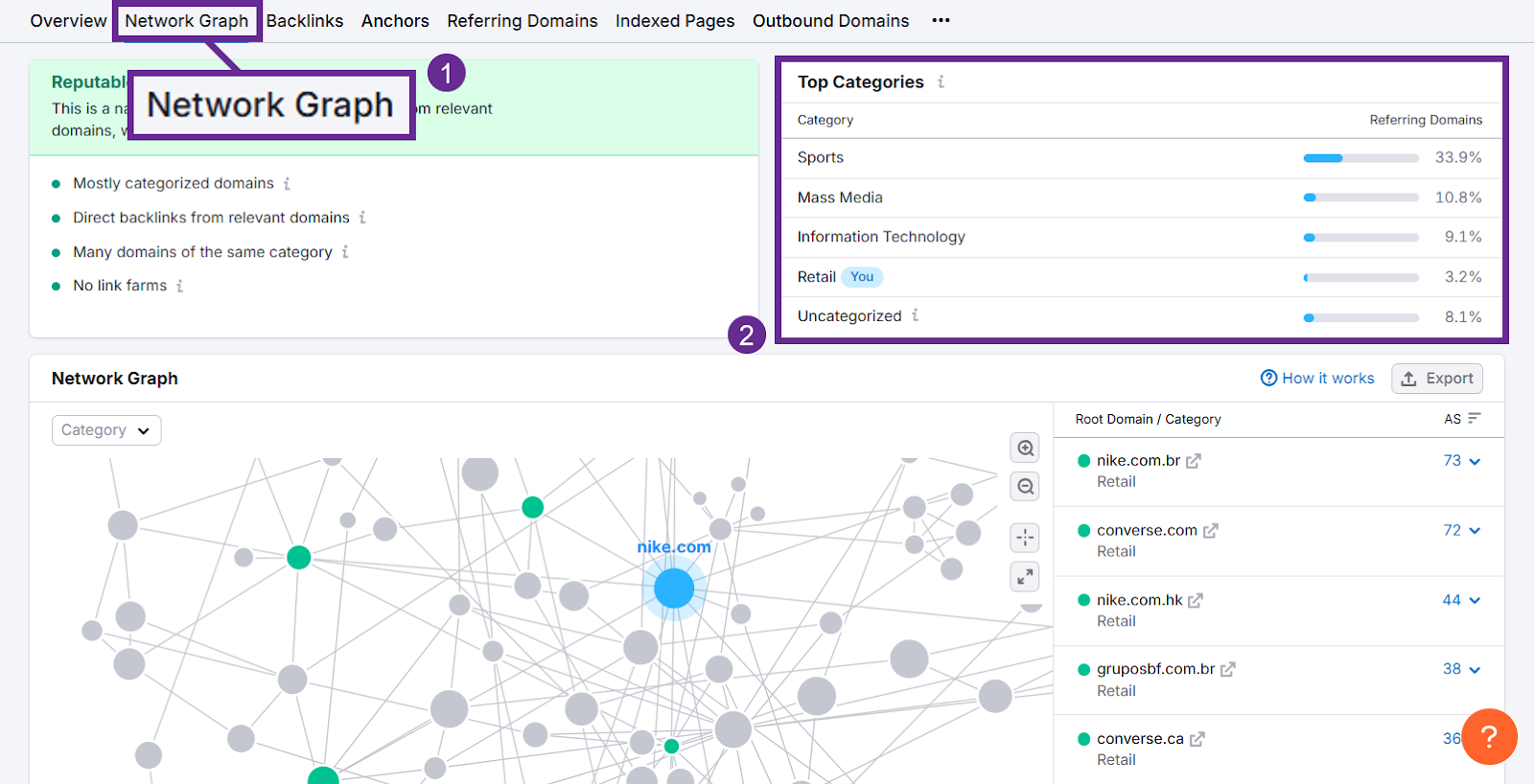 Network graph displaying top categories and referring domains for various websites.