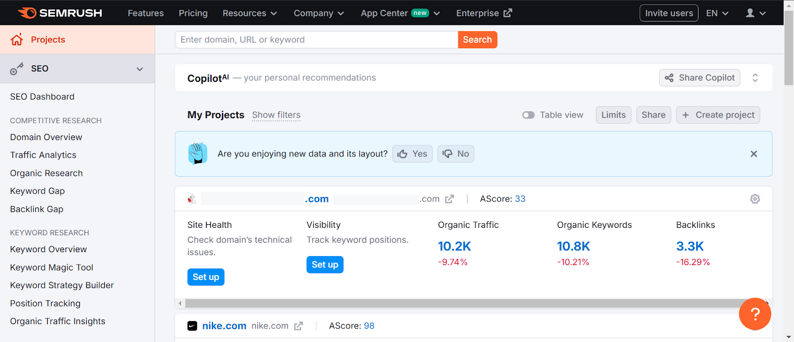 SEMrush SEO dashboard displaying project insights and analytics.