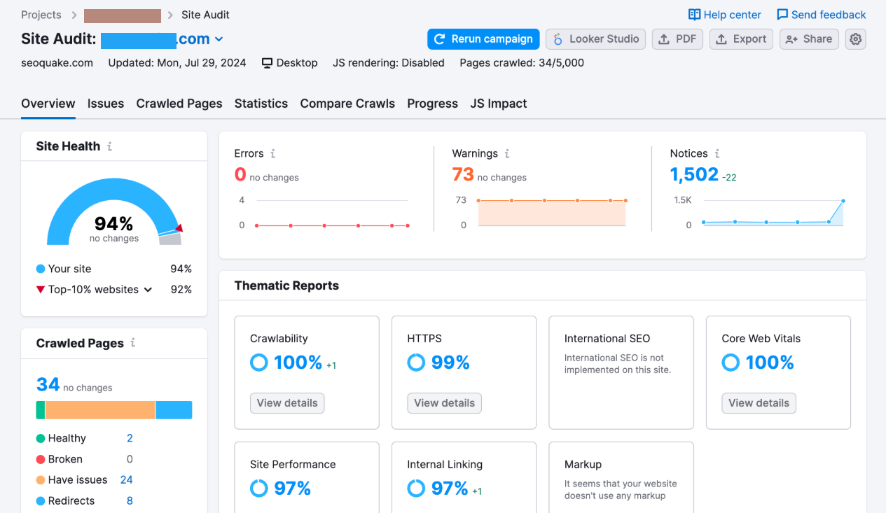Site audit report for seoque.com with site health and SEO metrics displayed.