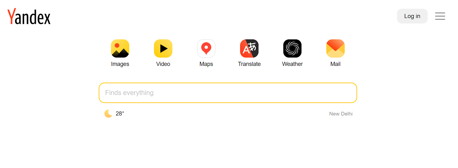 Yandex search homepage showcasing various features and weather in New Delhi.